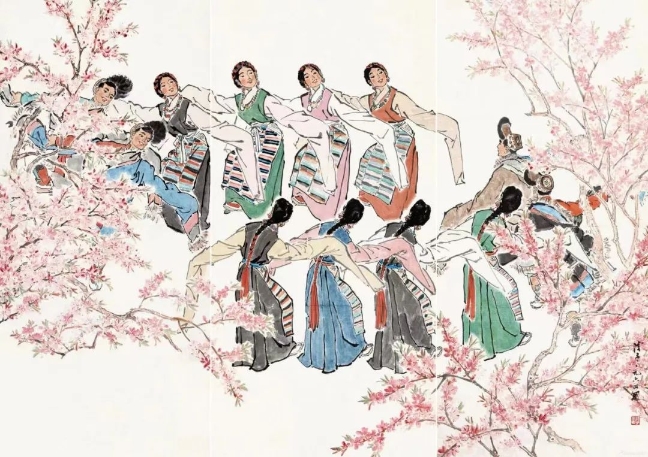 葉淺予高原之春紙本設(shè)色211cm×98cm、211cm×105cm、211cm×98cm1964年